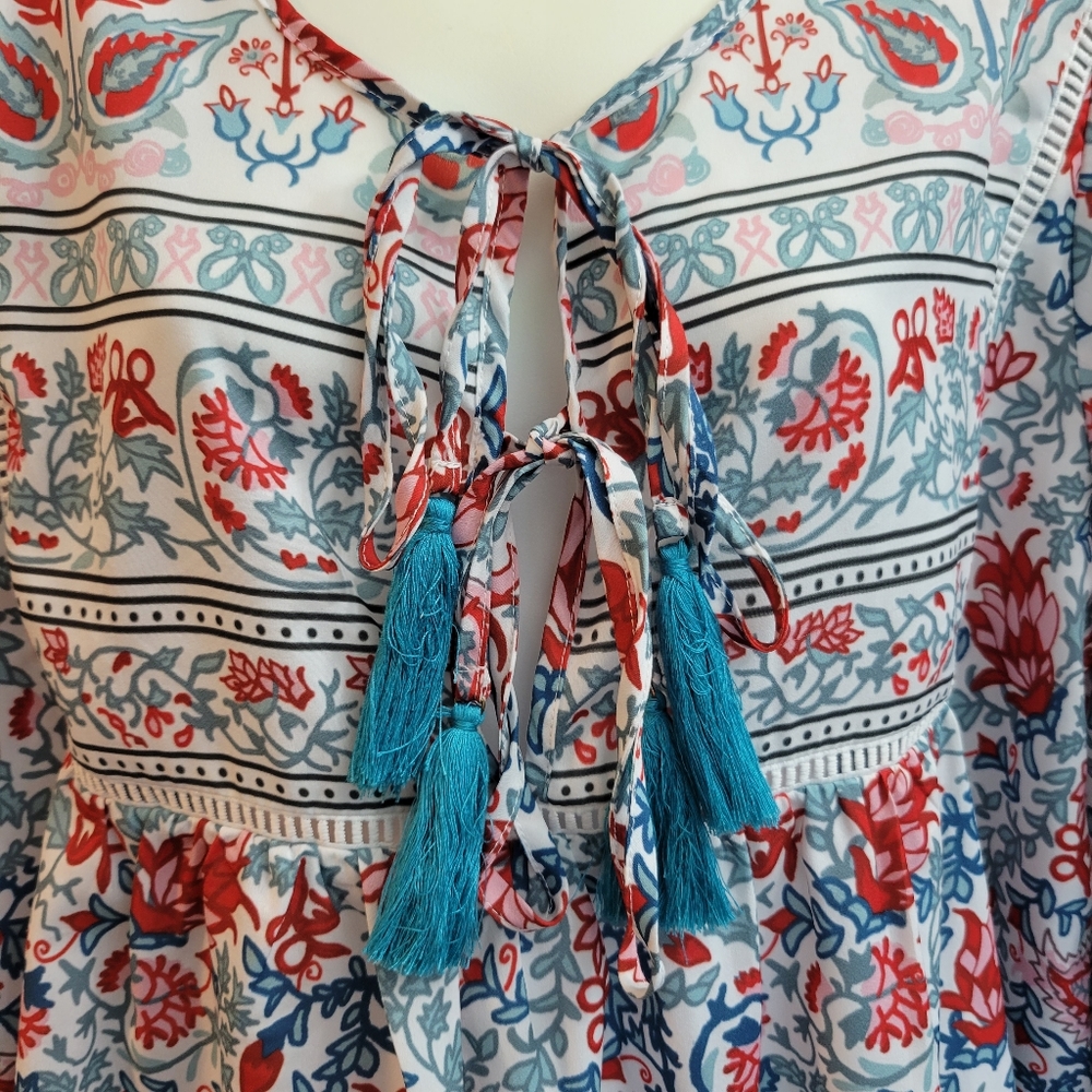 Floryday Floral Long Sleeve Vneck Double Tassle Tie Neck Blouse Size XL - Picture 5 of 5